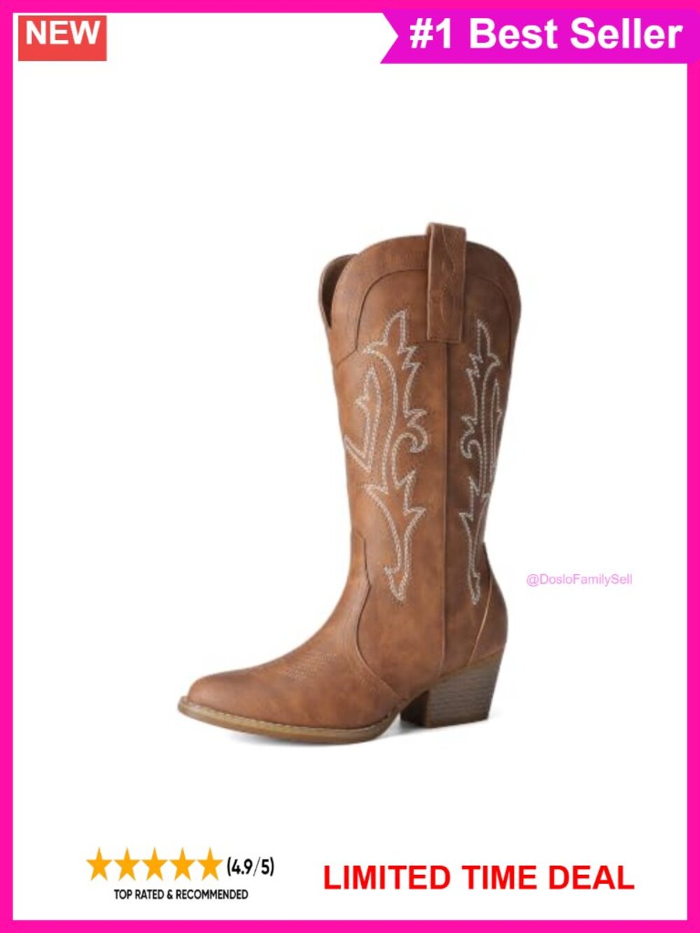 Faux Leather Western Cowboy Boots Pointed Toe Block Heel Mid-Calf